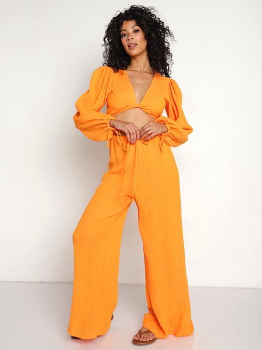 Faithfull the Brand Orange Crinkled Waistband Top